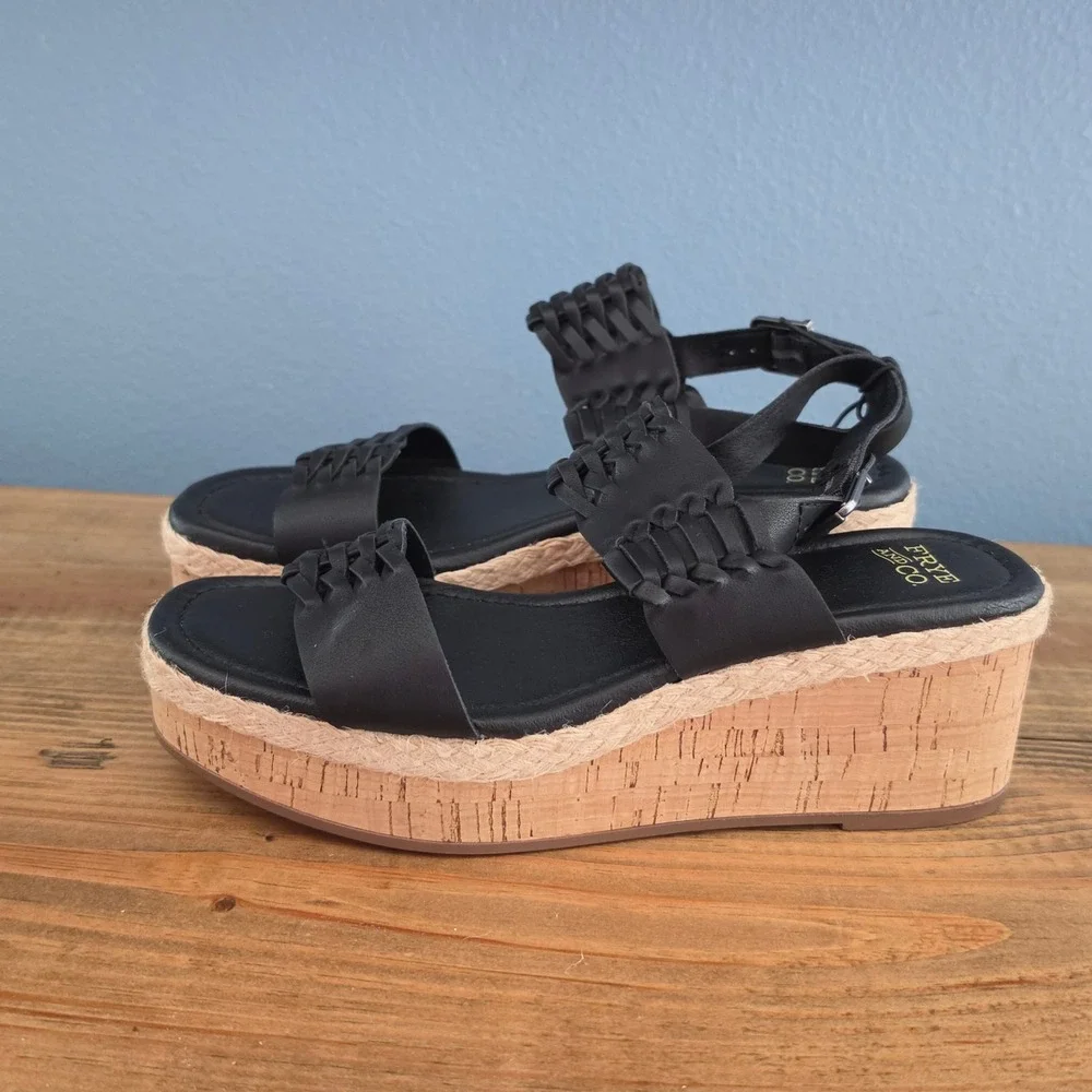 Frye and Co Womens Lavish Wedge Sandals Black Woven Platform Cork 6M
